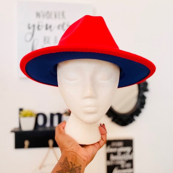 Two Tone Red & Blue Fedora Hat - Picture 2 of 3
